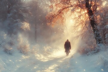 Fototapeta premium solitary elderly man walking through a mystical winter forest surrounded by snowcovered trees and ethereal light filtering through creating a serene and introspective atmosphere
