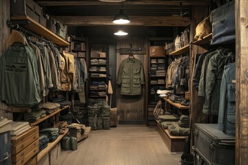 Clothing store displaying jackets, shirts, and pants in rustic setting