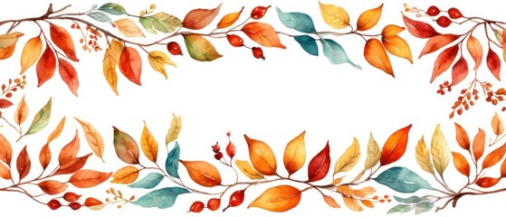 A stunning watercolor illustration of autumn leaves creating a colorful border. Perfect for seasonal projects, invitations, and artistic backgrounds with a fall theme.