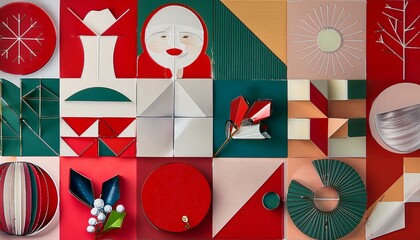 Christmas symbols. Merry Christmas. Christmas abstract geometric background with simple shapes, Santa Claus, celebration symbol, holiday food. Creative modern art. Bauhaus style Merry Christmas poster
