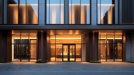 Modern Hotel Facade with Minimalist Design, Showcasing Tall Windows and a Chic Lobby Entrance