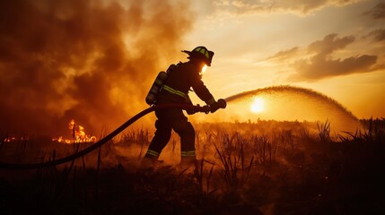 A firefighter battles flames against a backdrop of a fiery sunset, showcasing bravery and the struggle to control a wildfire.