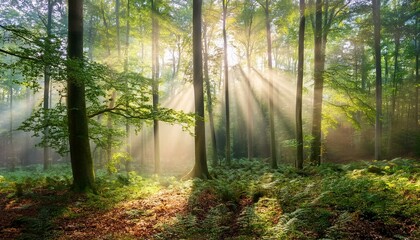 Obraz premium Witness the beauty of morning light breaking through trees. 