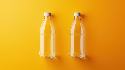 Two bottles of water are on a yellow background