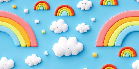 Colorful Rainbows in a Bright Blue Sky, vibrant arches of rainbows against a clear sky, fluffy clouds enhancing the cheerful atmosphere
