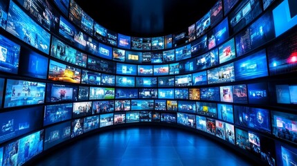 TV screens panel. Television media production technology
