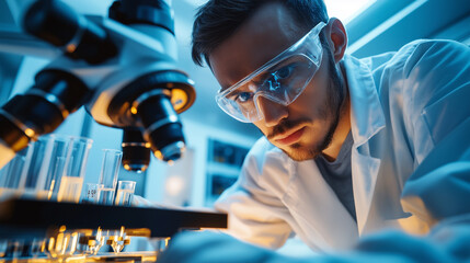 Scientist in close-up handling laboratory equipment, precise research, detailed focus on laboratory work