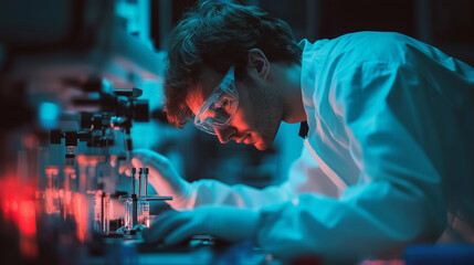 Scientist in close-up handling laboratory equipment, precise research, detailed focus on laboratory work