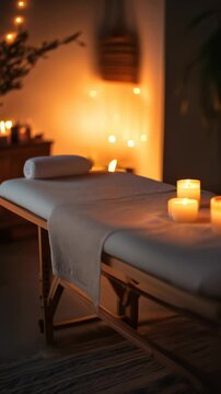 Warm candlelight creates a relaxing atmosphere in a spa room, illuminating an empty massage table draped with clean white towels, ready for a client seeking tranquility and rejuvenation