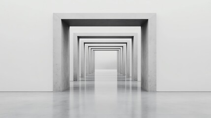 Modern hallway with multiple concrete arches on a white background.