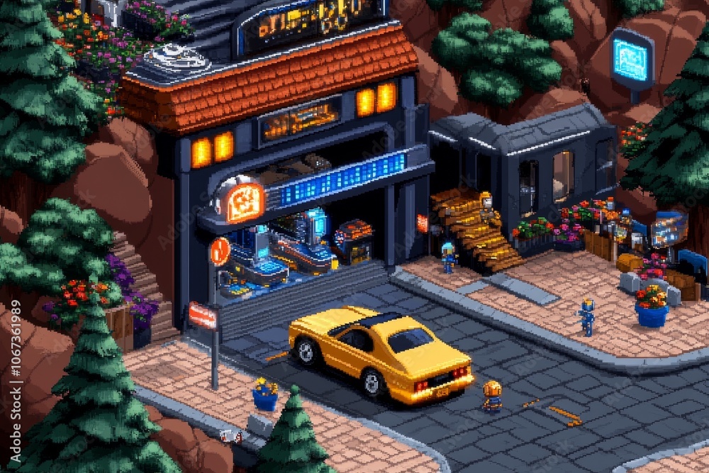 Poster A retro pixel art cityscape showing a futuristic business district with tiny pixelated robots and digital billboards