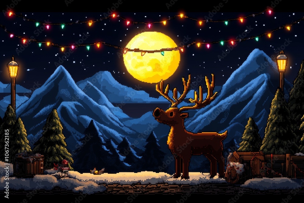 Poster a retro pixel art reindeer with colorful 8-bit antlers and a snowy background, giving it a nostalgic