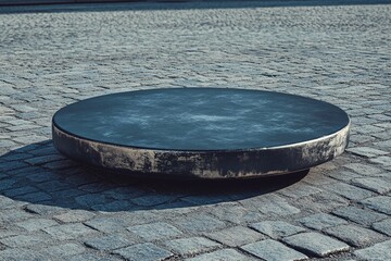 Fototapeta premium Circular Platform in a Cobblestone Street: Modern Urban Design