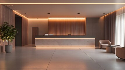 Modern Hotel Reception Area 3D Render Featuring Sleek, Elegant Counters and Subtle Lighting