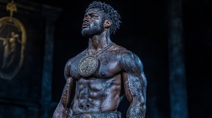 A muscular man stands confidently, showcasing strength and determination.