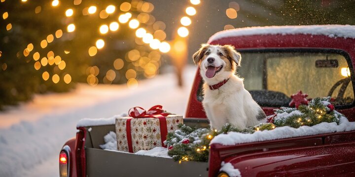 Festive Dog in Snowy Truck Bed Holiday Greeting Card