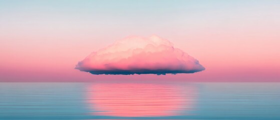 Serene sunset with a soft pink cloud over calm water, peaceful and ethereal scene.