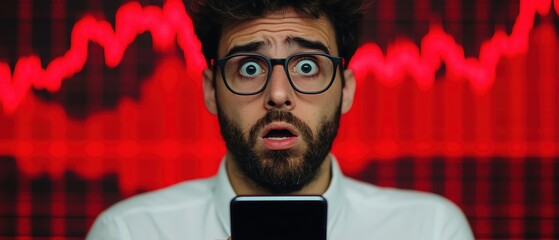 Shocked man looking at smartphone with market crash graph in background.