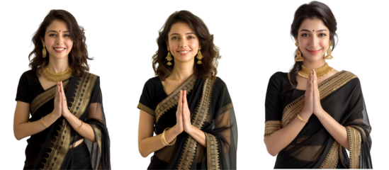 Beautiful Indian woman in a black saree with jewelries and welcome gesture pose - Namaste,  isolated on transparent background, cutout PNG