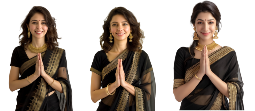 Beautiful Indian woman in a black saree with jewelries and welcome gesture pose - Namaste,  isolated on transparent background, cutout PNG