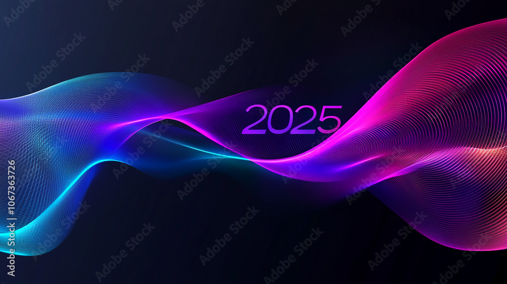 Poster an abstract wave of blue and pink light against a dark background with the year 2025 displayed in th