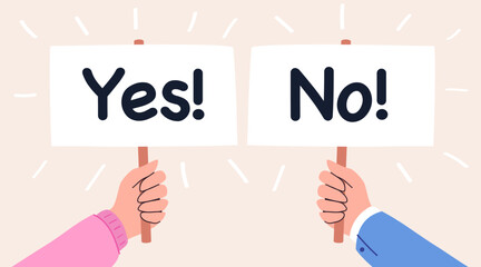 Yes No banner in human hand cartoon illustration for dilemma, choice hesitate, test question, dispute, opposition, opponent view. vector