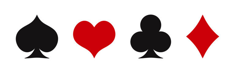 Playing card icons. Spade, heart, club, diamond suit  for apps and websites. Vector illustration.