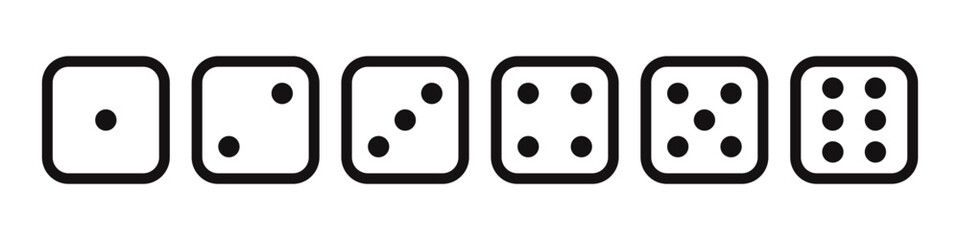 Dices icons set. Dice Faces, Diceline icons collection. Traditional die with six faces of cube marked with different numbers of dots or pips. Vector illustration.