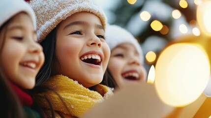 A family gathered around a beautifully decorated Christmas tree, singing carols together with big smiles, while snow falls gently outside