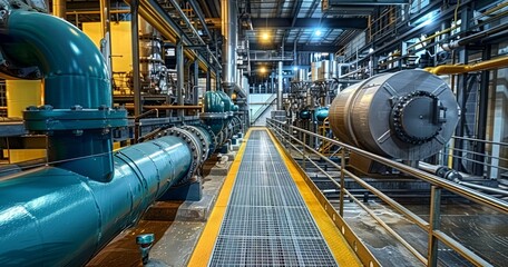 The Industrial Pipe System in a Modern Facility Featuring a Brightly Lit Walkway for Enhanced Safety and Functionality