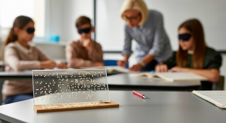 Inclusive classroom with blindfolded students learning Braille for sensory education