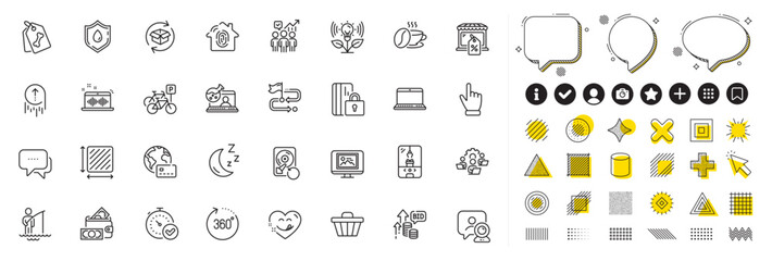 Set of Online chemistry, Square area and Bicycle parking line icons for web app. Design elements, Social media icons. Pet tags, Photo thumbnail, Video conference icons. Vector