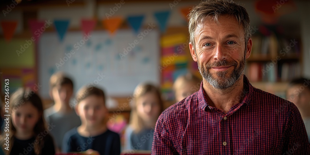 Aufkleber A teacher at the front of the classroom, writing on a whiteboard as students engage with notebooks, laptops, and a projector showing a vibrant lesson, demonstrating dynam