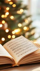A close-up of a songbook with Christmas carols, being held by a child, with a glowing Christmas tree in the background