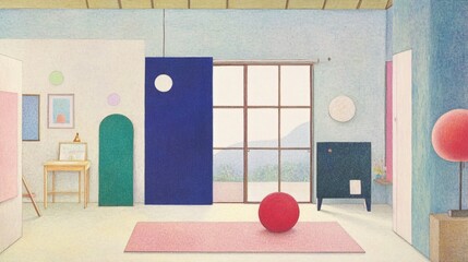 Minimalist Interior with Geometric Shapes and Pastel Colors