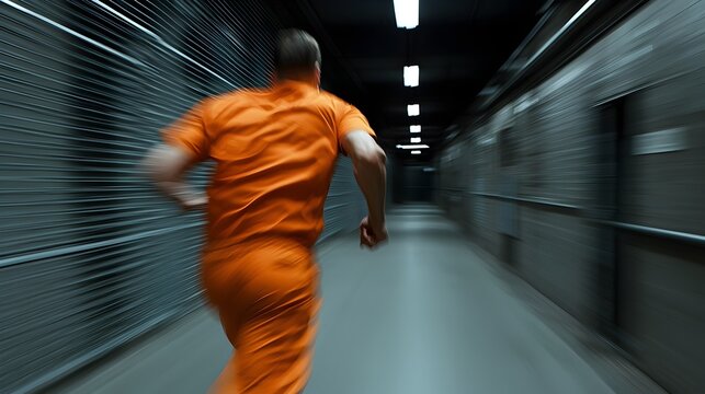 Escape in the Rain Inmate Sprinting Through Dark Alley - Dramatic Motion Blur and Intense Lighting Capture the Tension of a Prison Break in an Orange Jumpsuit