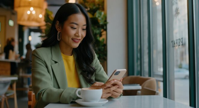 Young woman in cafe enjoying coffee and smartphone - Powered by Adobe