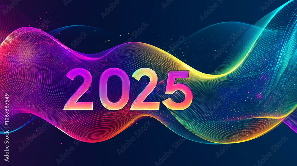 Aufkleber the year 2025 is shown in a colorful, abstract design with a wavy background