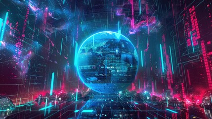 Metaverse digital world cyber space background, neon colorful global world in cyber space