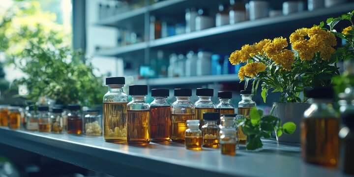 Homeopathic Pharmacy or Lab: A scene in a homeopathic pharmacy or lab showcasing the remedy preparation process, including the dilution and succussion of substances in a