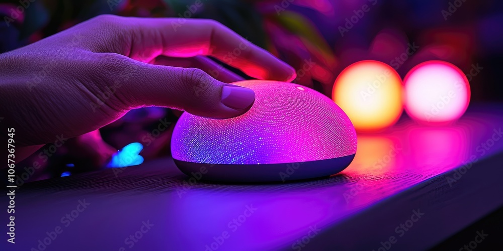 Poster an individual using a voice assistant to operate home appliances and lighting in an advanced home, f