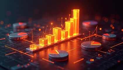 3D infographics for business presentation with neon glowing charts, bars and pie diagrams