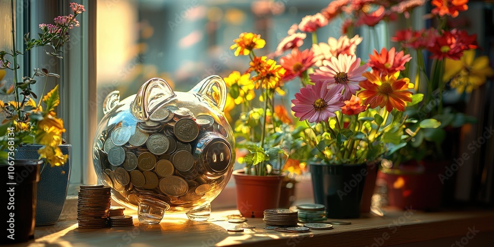 Poster a clear piggy bank gradually filling with coins and bills, set by a sunny window with vibrant housep