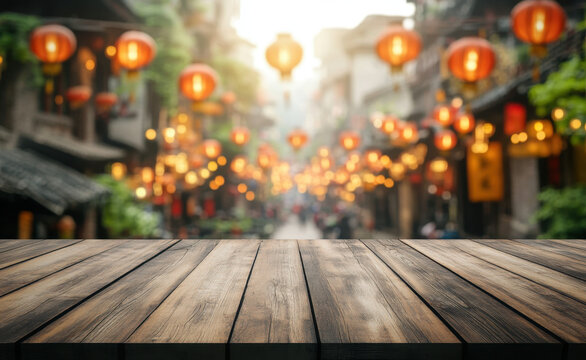 Empty wooden table top with a blurred background of traditional Chinese lanterns and a street in China. - Powered by Adobe