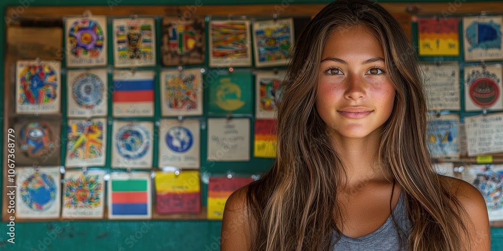 Poster a teacher in front of a classroom adorned with cultural flags and symbols, teaching about global cit