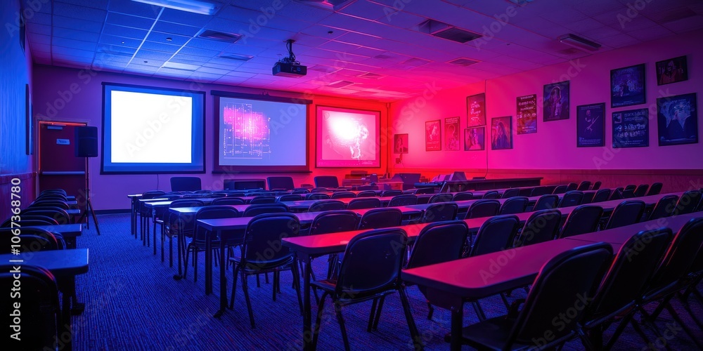 Poster A comfortable room with a multi-screen setup where an adult learner follows multiple online courses, using educational apps, digital whiteboards, and interactive tools.