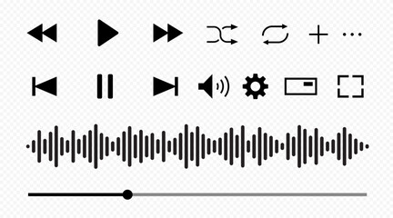 Video play bar icon set isolated on transparent background. Button play or pause and timelime. Audio player for songs, podcast playlist. Light theme. Vector