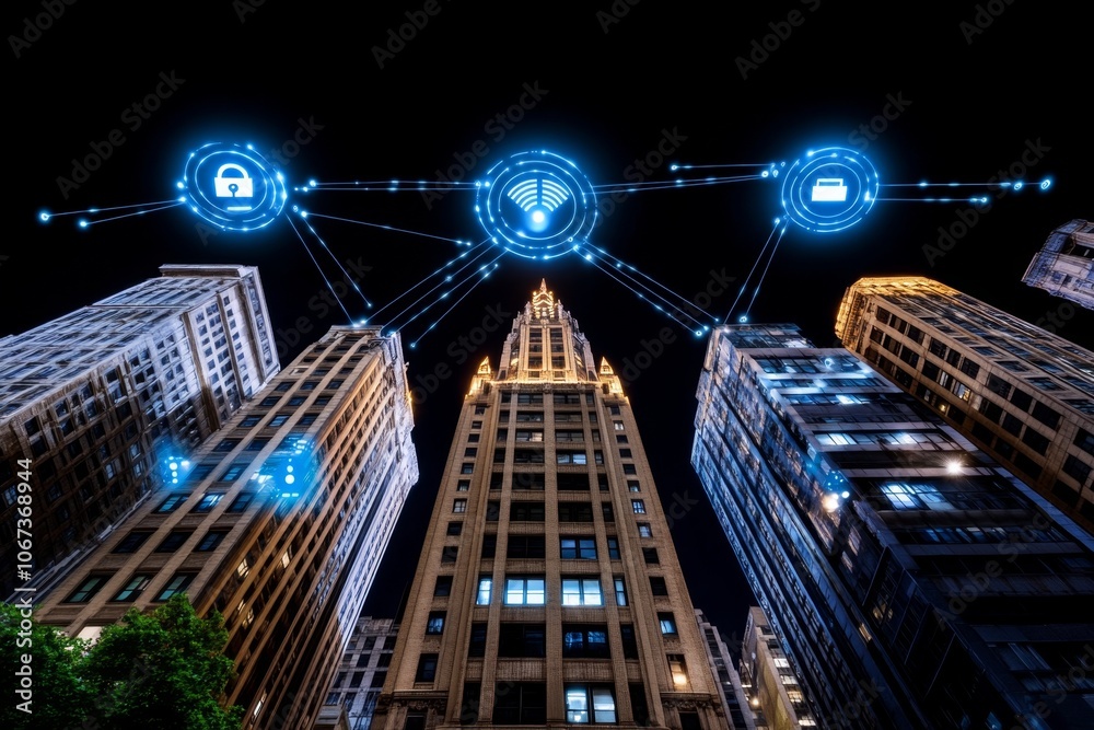 Aufkleber cityscape with data lines and digital security symbols hovering over buildings, representing urban c