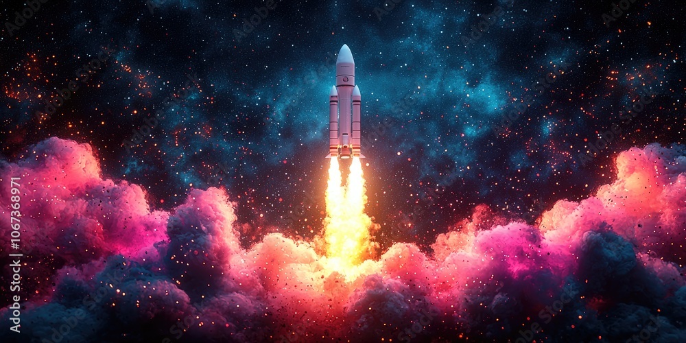 Aufkleber a futuristic rocket launching from a platform with the tagline your business takes flight, represent