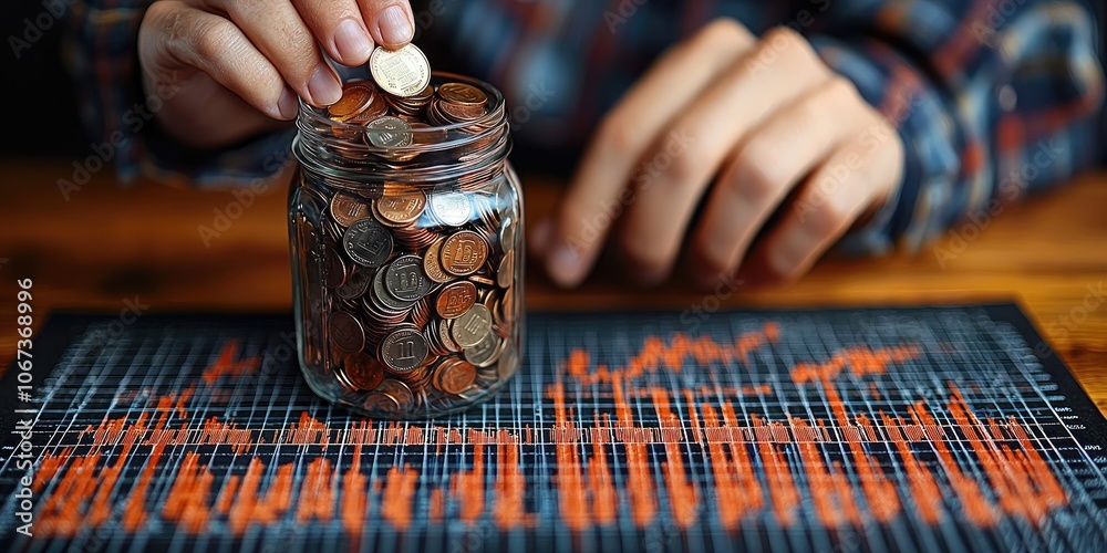 Poster a hand dropping coins into a savings jar beside a chart that tracks progress toward goals, symbolizi